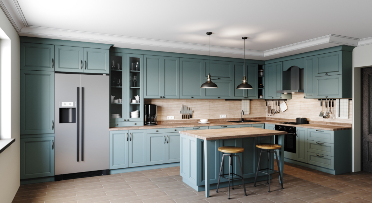 Kitchen in a modern style with a light worktop with sink, stove, oven, kitchen utensils. There are green boxes under the countertop.