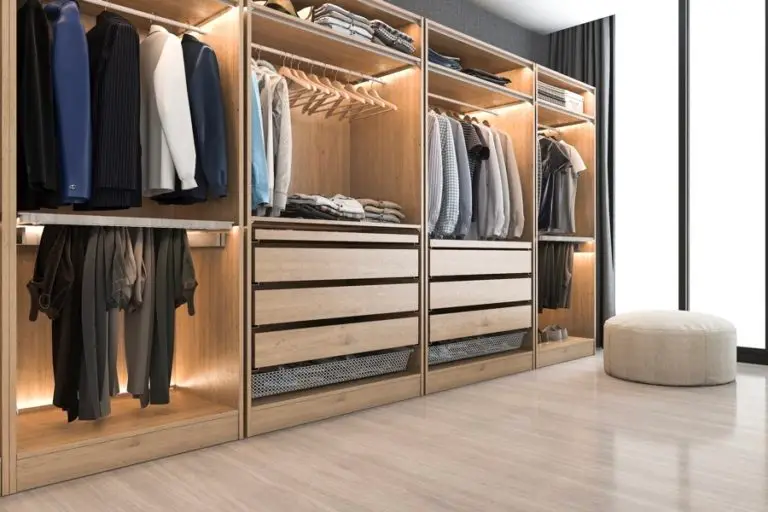 3d rendering modern scandinavian white wood walk in closet with wardrobe near window