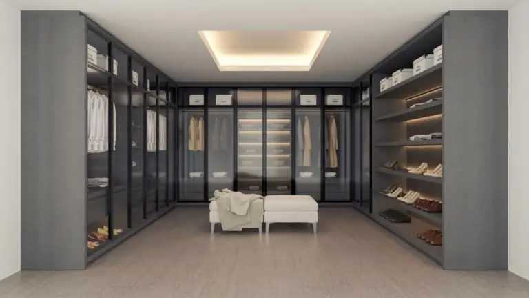 Modern luxury dressing room,walk - in closet interior, gray and black wardrobe design ,3d rendering