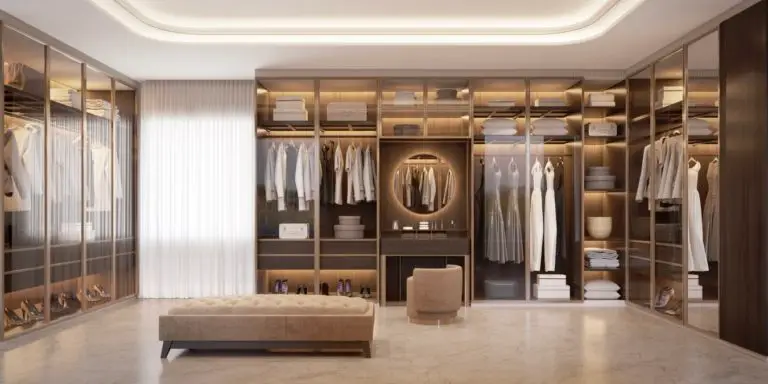 Panorama of luxury walk in closet interior with wood and gold elements.3d rendering