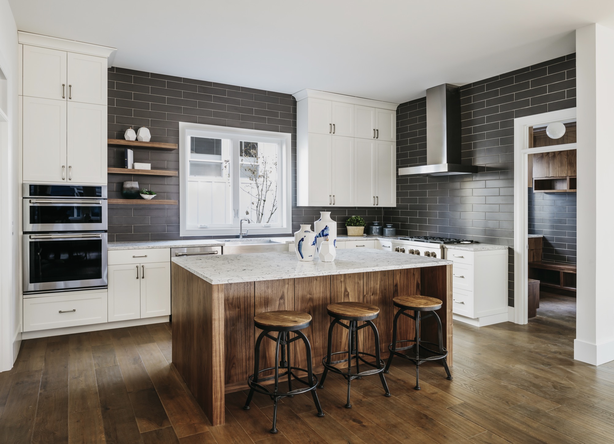 Modern kitchen with the hardwood floors. Portland, Oregon