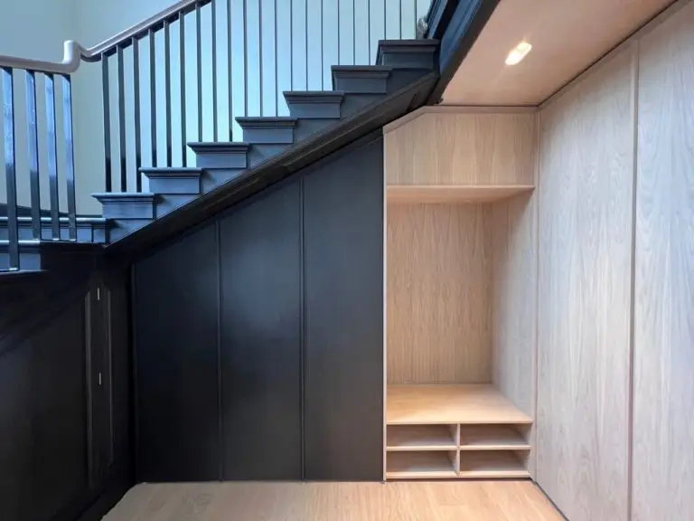 custom wooden staircase with storage